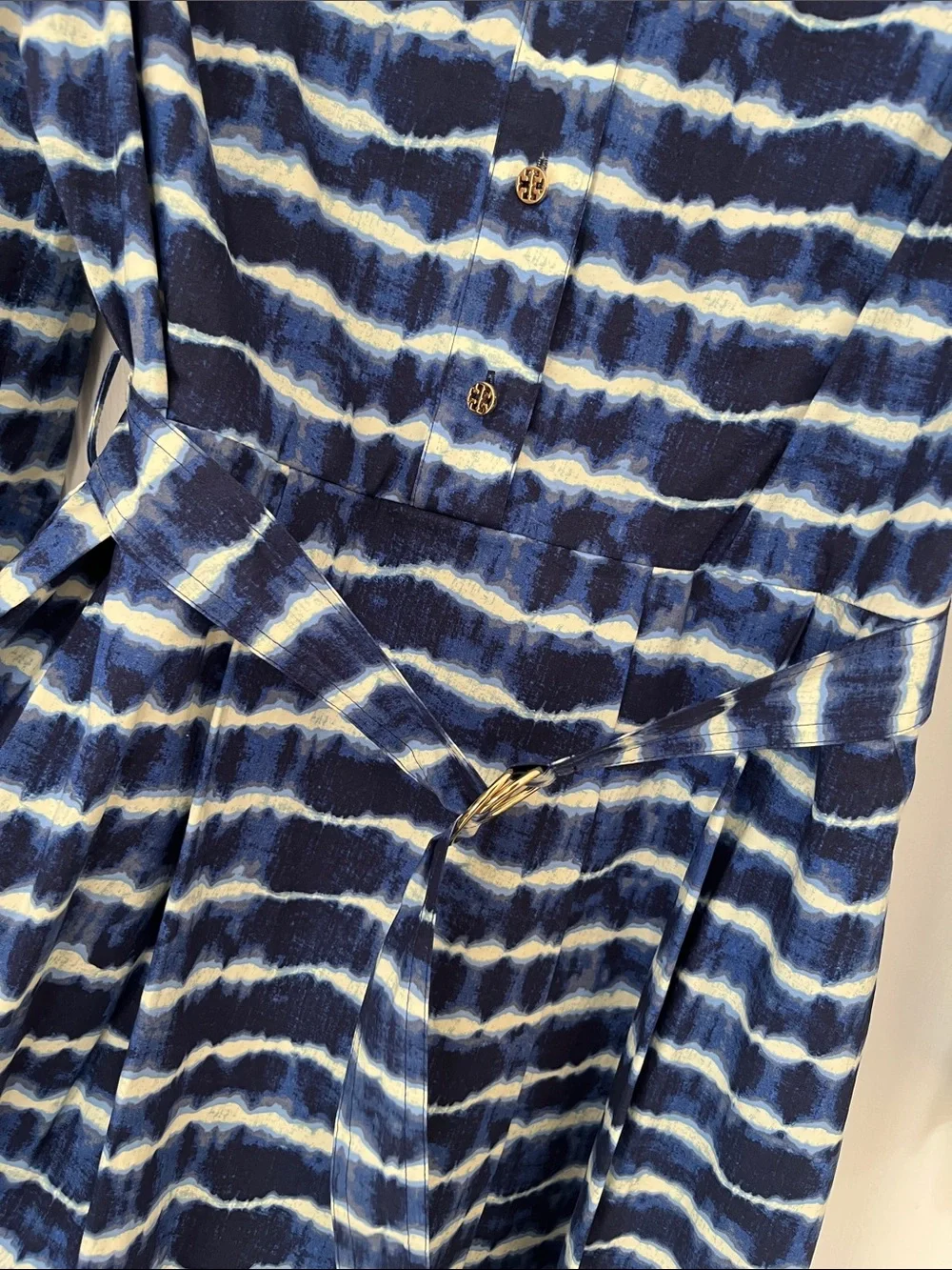 Tory Burch Navy and White Tie-Dye Shirt Dress with Belt, 10